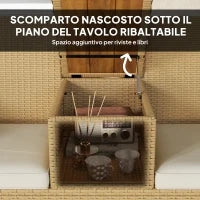 Panca da Giardino con Tavolino a Ribalta Portaoggetti, in Rattan e Acciaio, 134x58x82 cm, Crema e Cachi