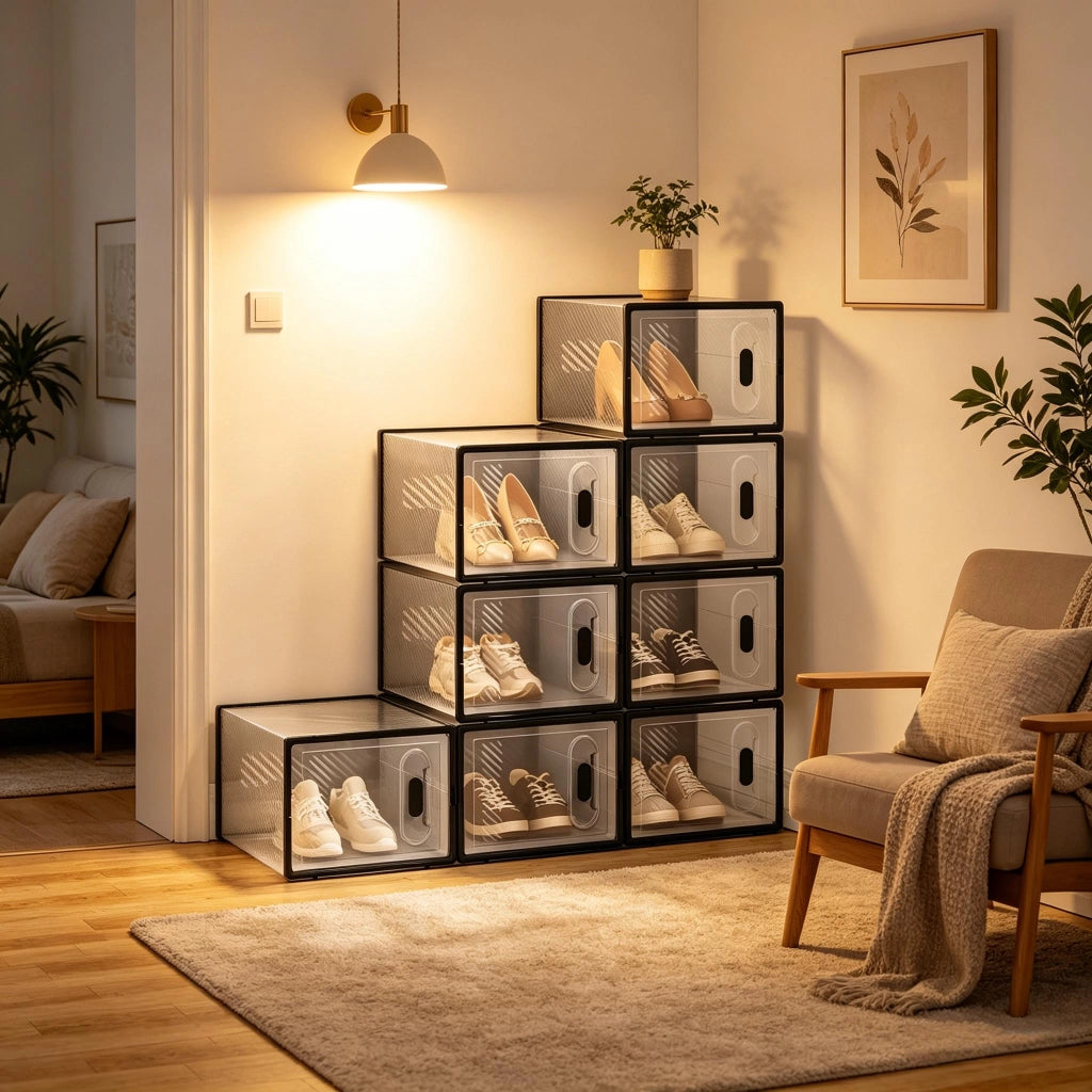 Mobile contenitore impilabile con 8 scatole trasparenti per scarpe e oggetti in plastica nero per bagno e camera da letto