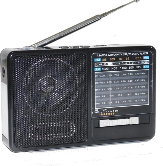 Radio portatile con altoparlante Bluetooth, 7 bande e lettore di cartucce MP3 SD, batteria ricaricabile, USB e torcia inclusi.