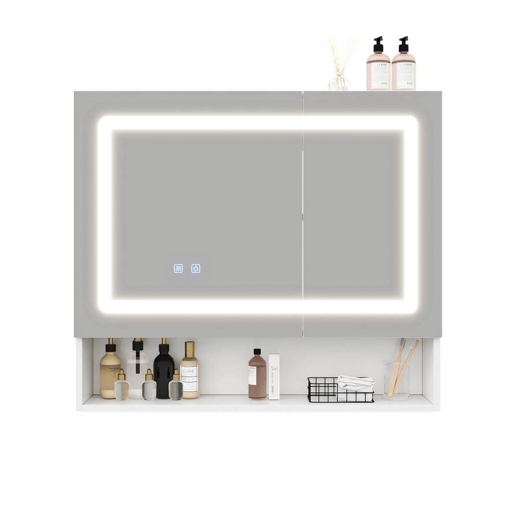 Mobile con specchio con 2 ante; 3 vani; LED e funzione antiappannamento per bagno; in MDF e vetro; bianco; 80×17×70 cm