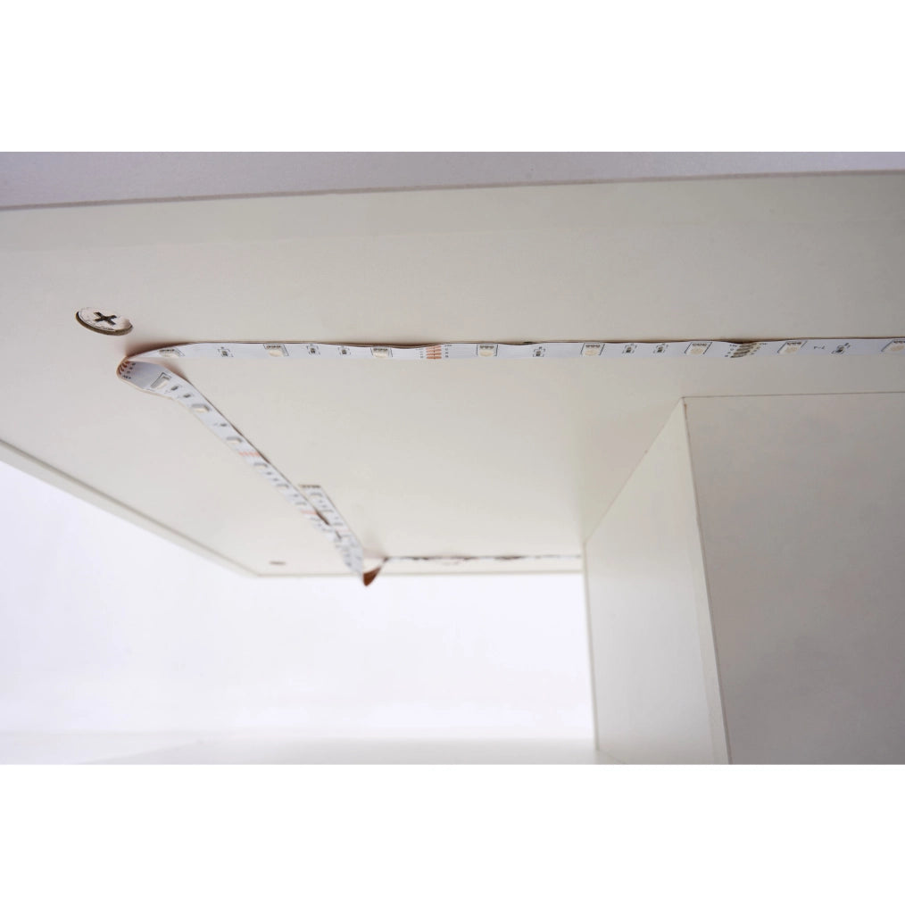 Tavolino da caffè 100x50x42 cm con piano sollevabile; LED e vano nascosto in truciolato bianco