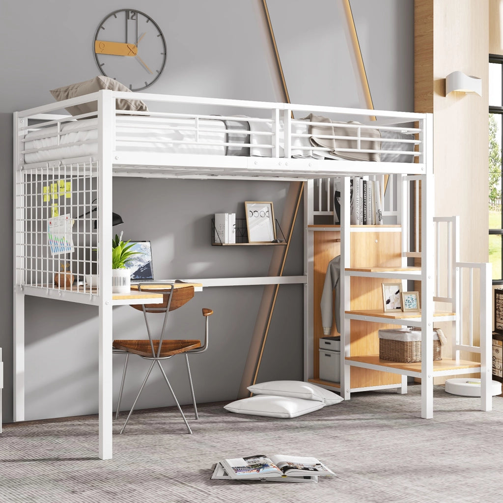 Letto a castello funzione scrivania e armadio in metallo e MDF bianco naturale 90x200 cm