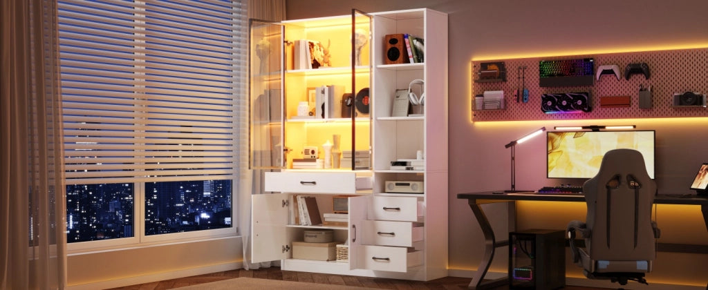 Libreria alta con vetrina in vetro e LED, 4 cassetti e 13 vani, per soggiorno e ufficio, bianco, 120 × 35 × 200 cm