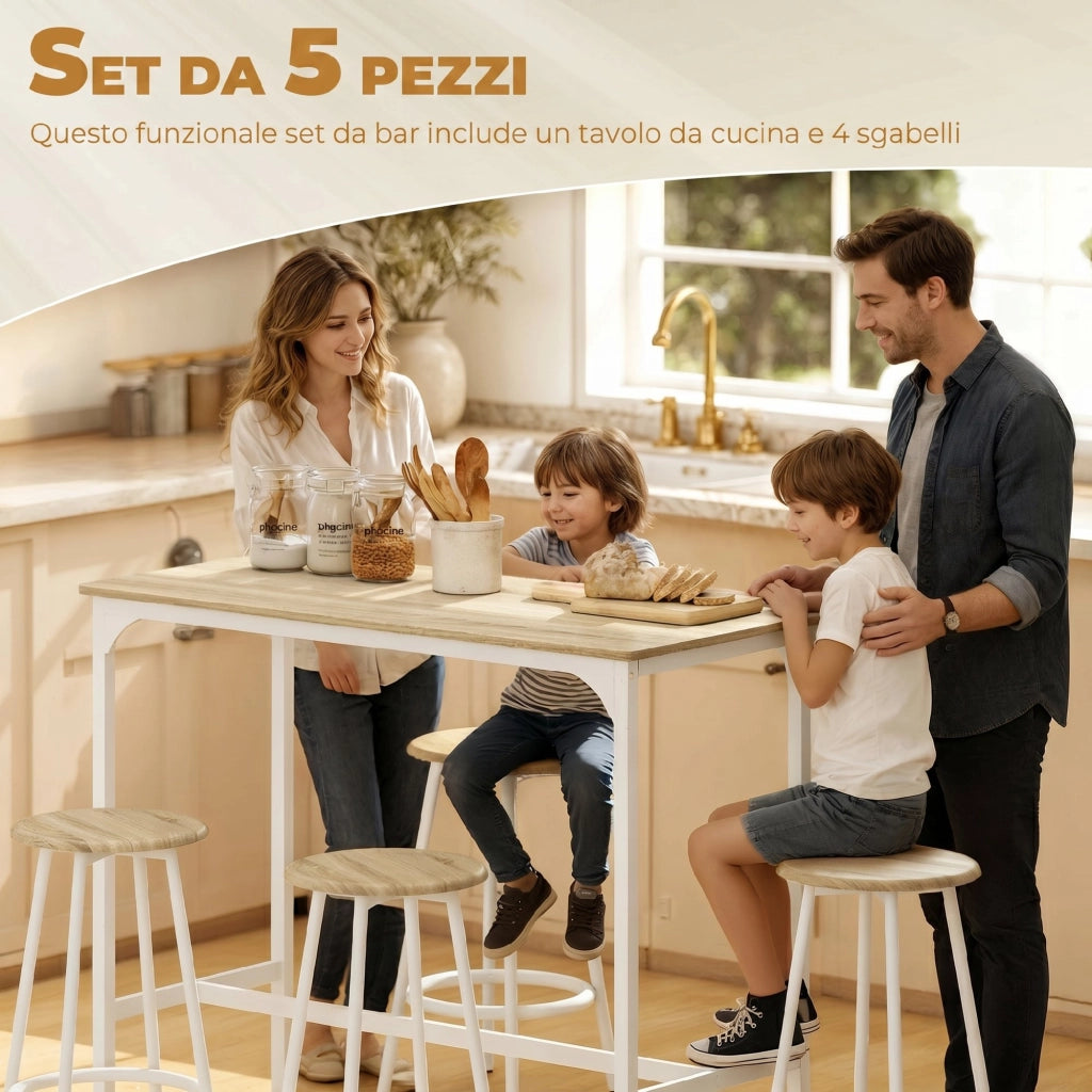 Set da Pranzo 5 Pezzi con Bancone da Bar 110x50x89,5 cm e Sgabelli Ø30x60,5 cm in Legno e Metallo Color Legno