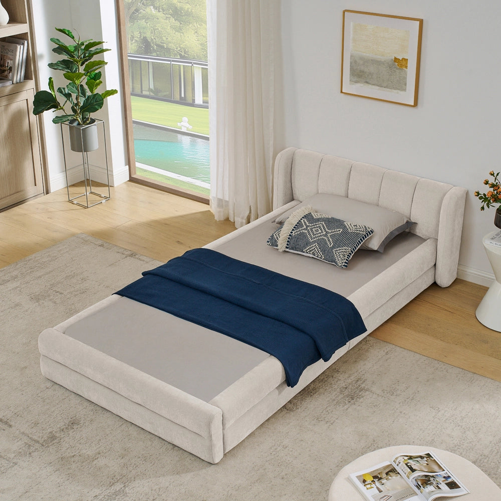 Letto Singolo 90x200cm - Xylo - Testiera in Tessuto Chenille Beige (Senza Materasso)