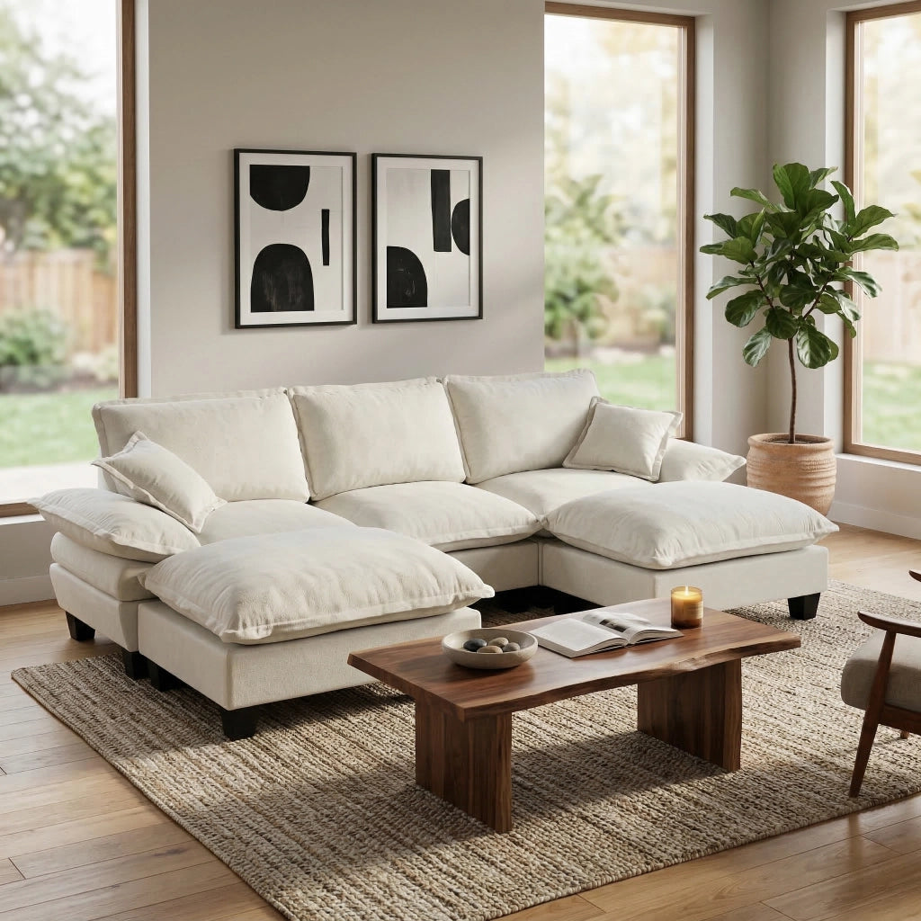 Divano panoramico a U modulare con pouf mobili e cuscini in chenille per soggiorno e appartamento beige