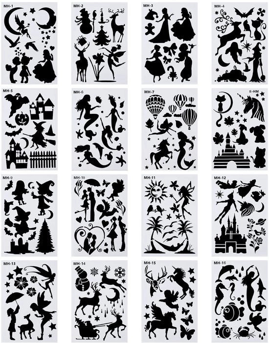 Serie di Schemi Reutilizzabili 16 Pezzi - Schemi da Dipingere - Schemi per Hobby Adulti - Schemi per Muri - Schemi di Lettere - Progetto Creativo di Legno Design 297x204mm - Stencil