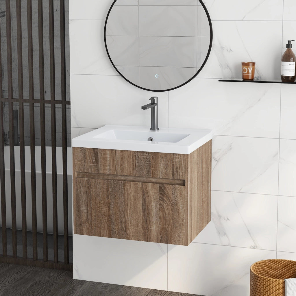 EasyComfort Mobile Lavabo da 60cm con Cassetto in Legno e Lavandino in Ceramica, Marrone Chiaro