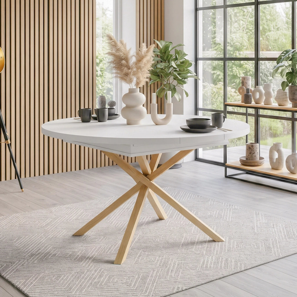 Tavolo da pranzo allungabile con base a croce per sala da pranzo e cucina bianco