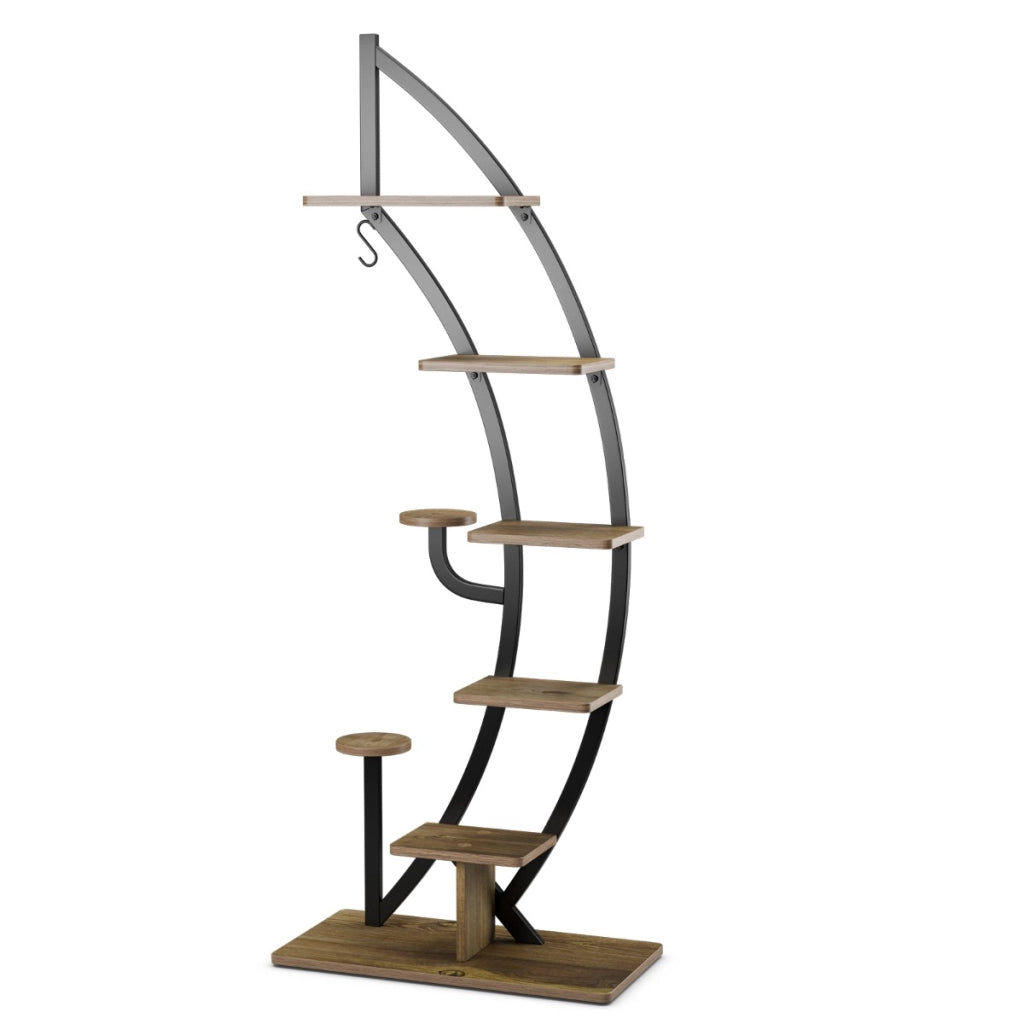 Scaffale per piante in metallo alto a 7 livelli-Scaffale a forma di mezza luna curva con gancio superiore Nero