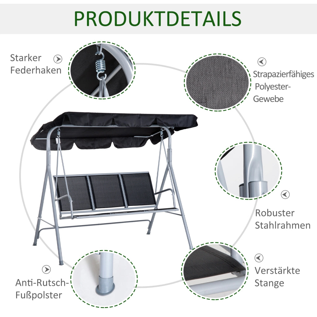 Altalena da giardino a 3 posti con tettuccio regolabile e rimovibile in metallo grigio 154 × 171 × 108 cm