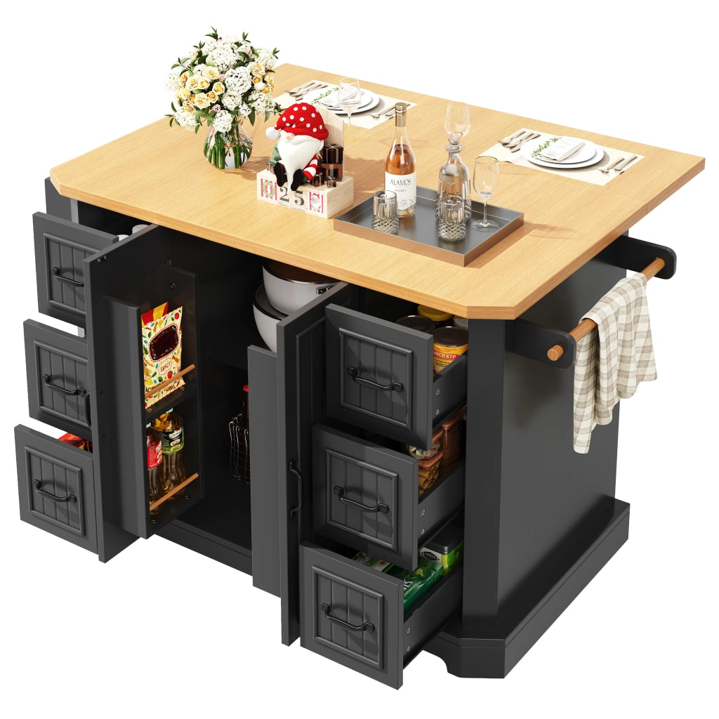 Carrello da Cucina con 2 Ante e 6 Cassetti con Ruote; in MDF e Metallo; per Cucina; 120x45x91 cm; Nero