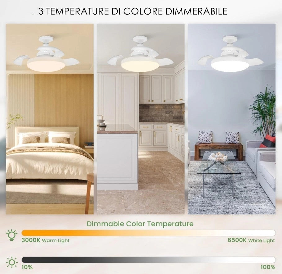 Plafoniera con Ventilatore da Soffitto LED 22W Dimmerabile con Telecomando, 3 Temperature Colore e Attacco E27 – Silenziosa, 3 Velocità, Timer, 1155 Lumen, Ø20cm – Uso Interno