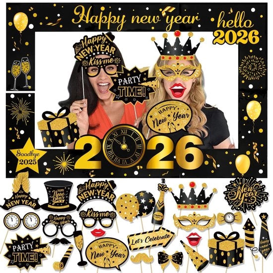 Accessori di scena per foto 26 pezzi - Cappello di capodanno - Decorazione per foto - Decorazione per festa di capodanno - Occhiali di capodanno - Accessori per foto - Supporto per foto