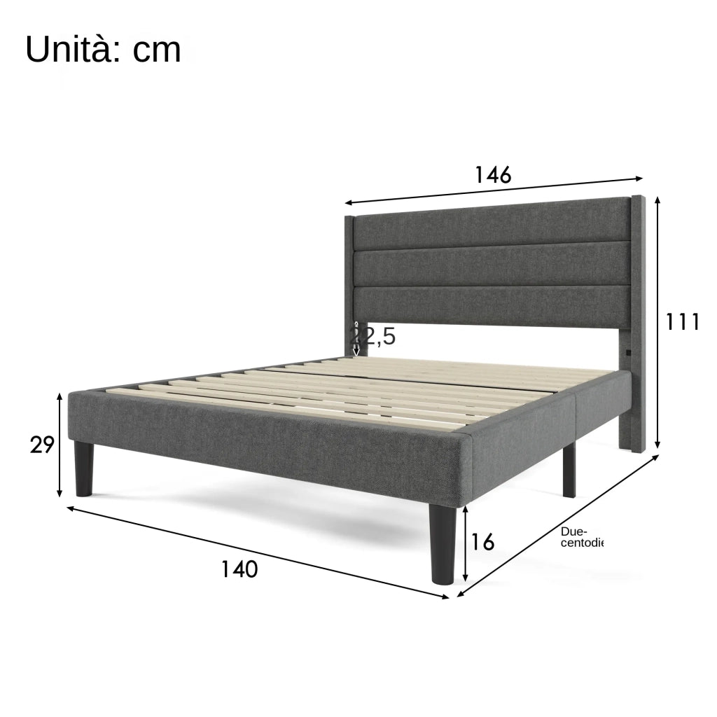 Letto matrimoniale imbottito 140x200 cm con testiera e rete a doghe; tessuto grigio scuro