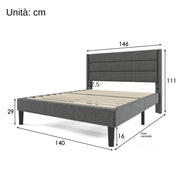 Letto matrimoniale imbottito 140x200 cm con testiera e rete a doghe; tessuto grigio scuro