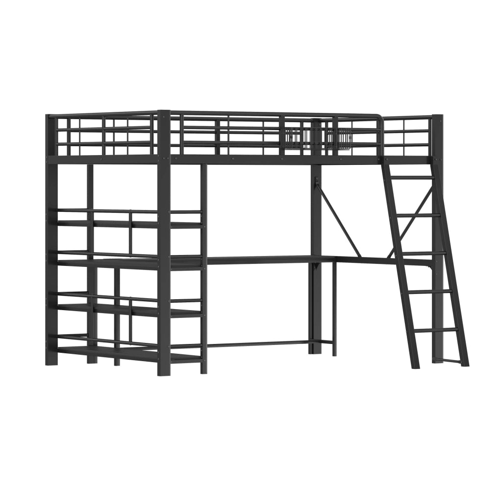 Letto a soppalco 140x200 cm con scrivania, LED e ricarica in metallo nero