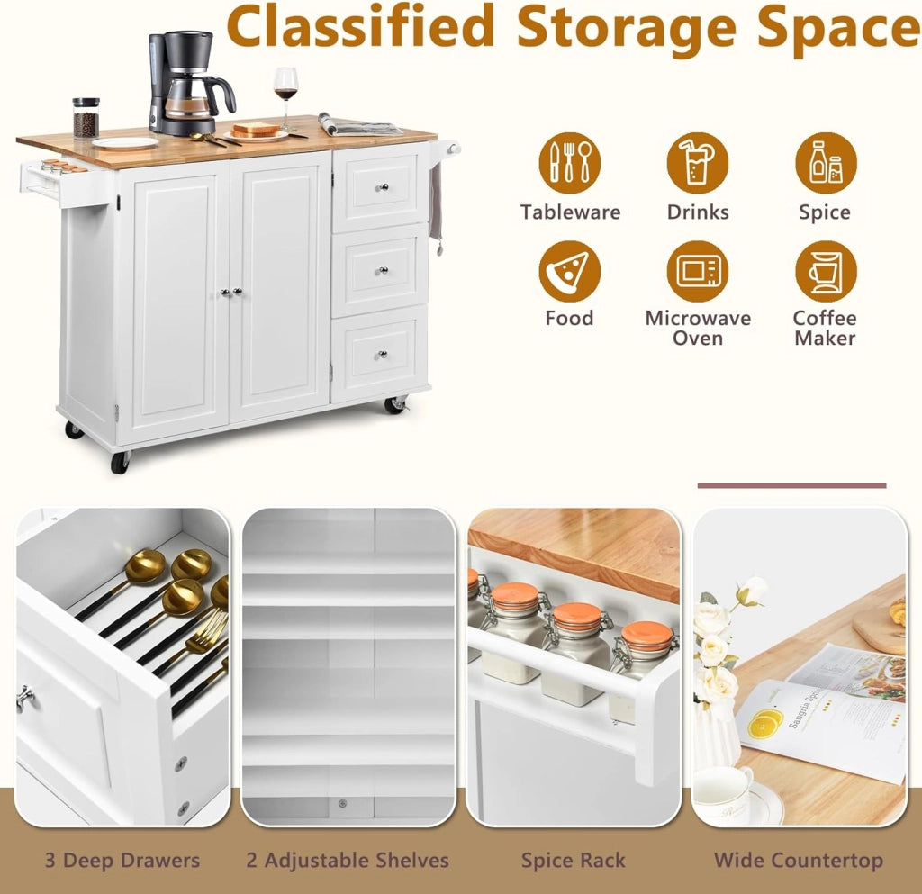 Carrello da Cucina con Pannello Pieghevole Portato fino a 50 kg, Isola da Cucina 43x136x91cm, Carrello Portaoggetti in Legno con Ruote, Multifunzione e Grande, Nero (Bianco)