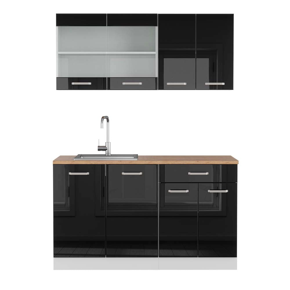 Vicco Cucina monoblocco Nero lucido/bianco 140 cm , PL Rovere