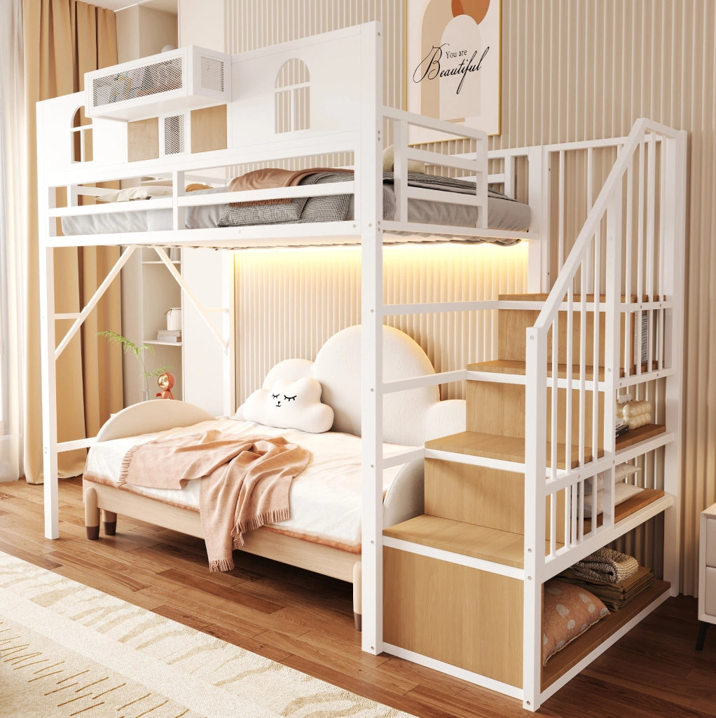 Letto a soppalco in metallo 90x200 cm con scala contenitore; mensola e luce; bianco