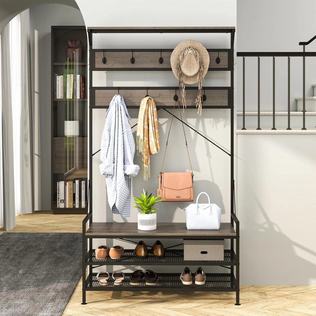 Porta Abiti 4-in-1, Albero da Ingresso Autoportante con Scaffale per Scarpe e 11 Ganci, Struttura in Metallo e Kit Antiribaltamento, Organizzatore per Soggiorno Industriale con Panca (Grigio)