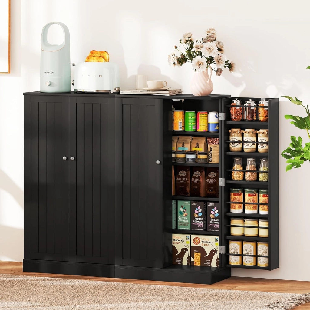 Armadietto Portaoggetti da Cucina, Credenza Aoggiorno a Doppia Porta con Ripiano Regolabile, Mobiletto Multioso con Dispositivo Antiribaltamento per Sala da Pranzo, 59x30,5x103cm (Nero)