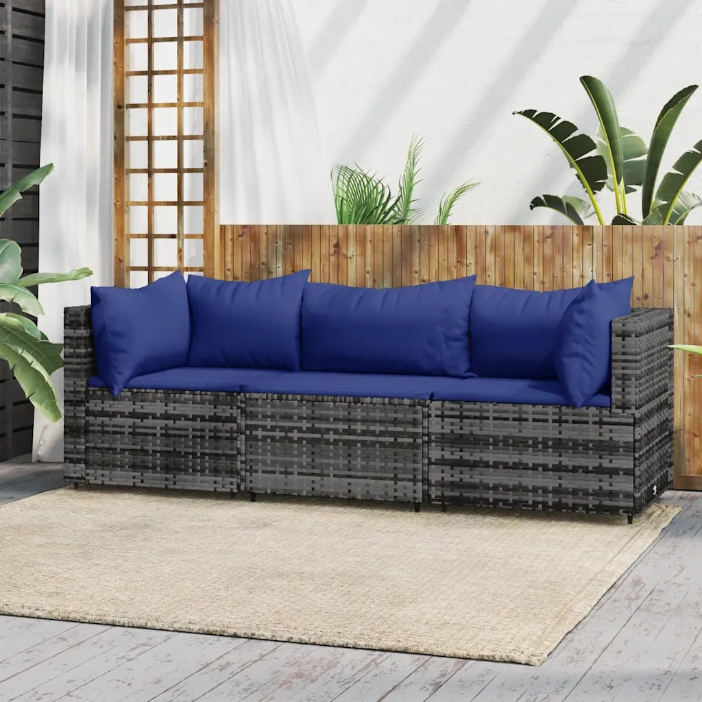 Set Divani da Giardino 3 pz con Cuscini in Polyrattan Grigio 319846