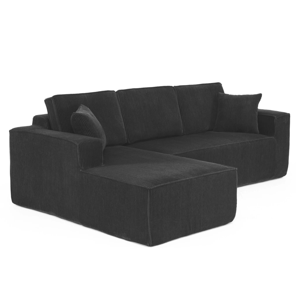 Divano angolare modulare a L in tessuto corduroy nero; 235x128x60 cm; con 2 cuscini