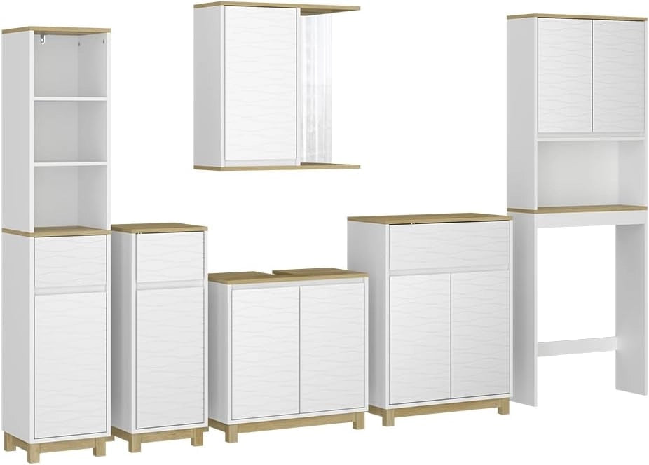 Set di mobili da bagno Livia, Bianco/quercia, 60 cm, composto da armadietto a specchio, base lavabo, 2x colonne medie, colonna alta e mobile WC