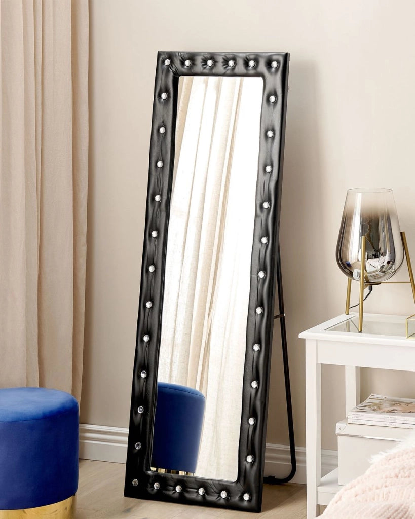 Specchio da pavimento in pelle sintetica nera 50 x 150 cm cornice decorativa strass con supporto glamour da appendere per armadio camera da letto soggiorno