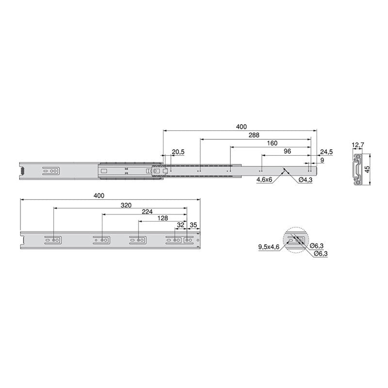 Set di guide a sfera per cassetti a estrazione totale, altezza 45 mm, lunghezza 450 mm, Acciaio, Zincato bianco