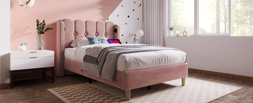 Letto Singolo Imbottito Rosa 90x200 cm con Funzione di Ricarica USB Tipo C e Rete a Doghe