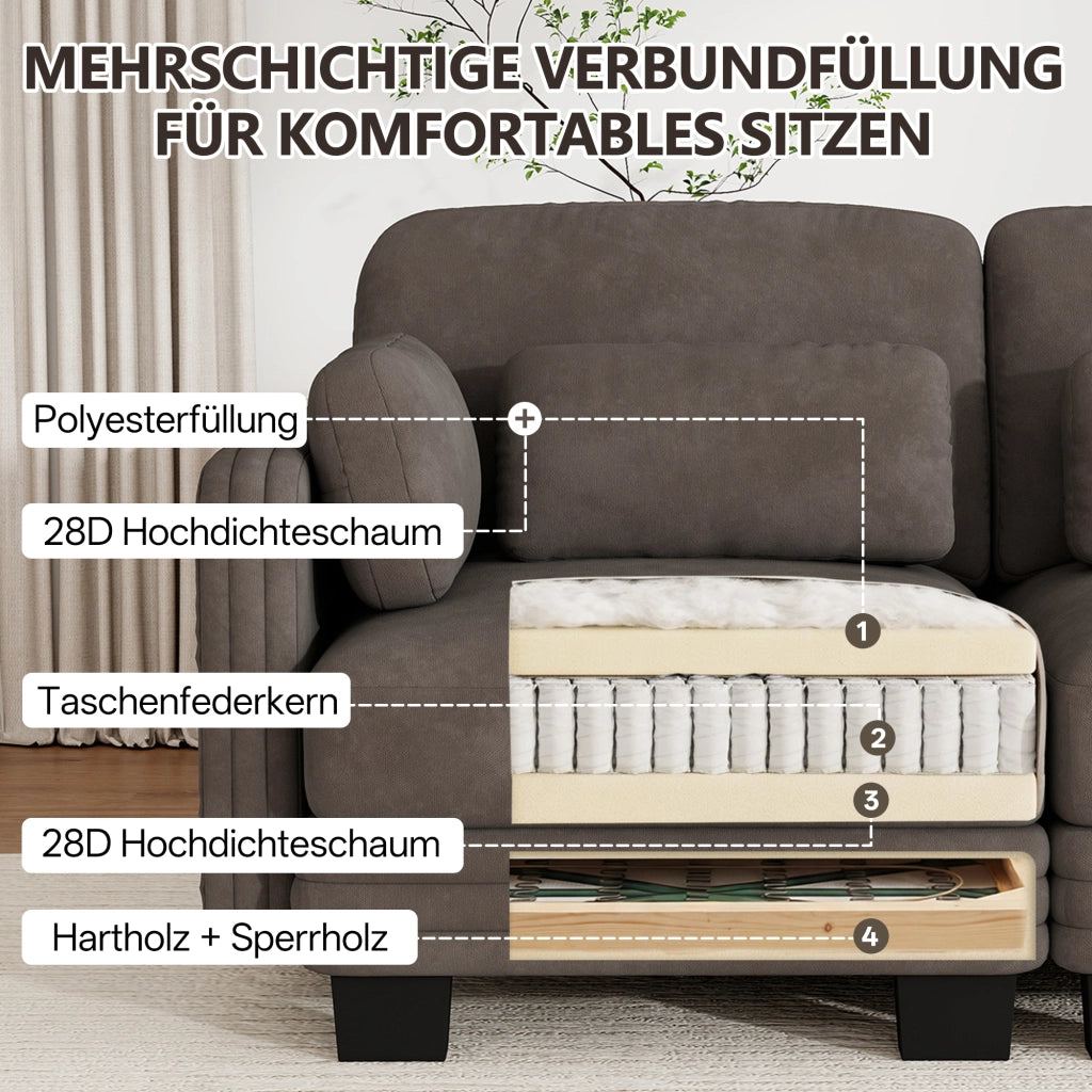 Divano lineare modulare 3 posti 253x88x88cm con cuscini lombari e per braccioli; seduta confortevole e sostenuta; chenille marrone