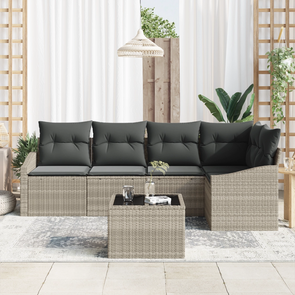 Set Divano da Giardino in 6 Pezzi con Cuscini Grigio Polyrattan