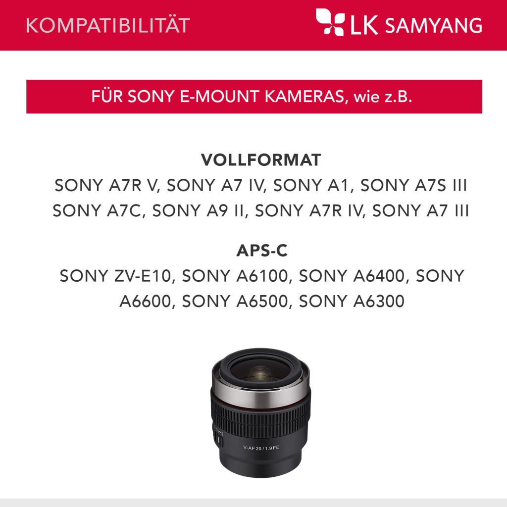Obiettivo video V-AF 20 mm T1,9 FE compatibile con Sony E, per videocamera, con autofocus risoluzione 8K e lampada Tally, alta intensità luminosa per full-frame e APS-C
