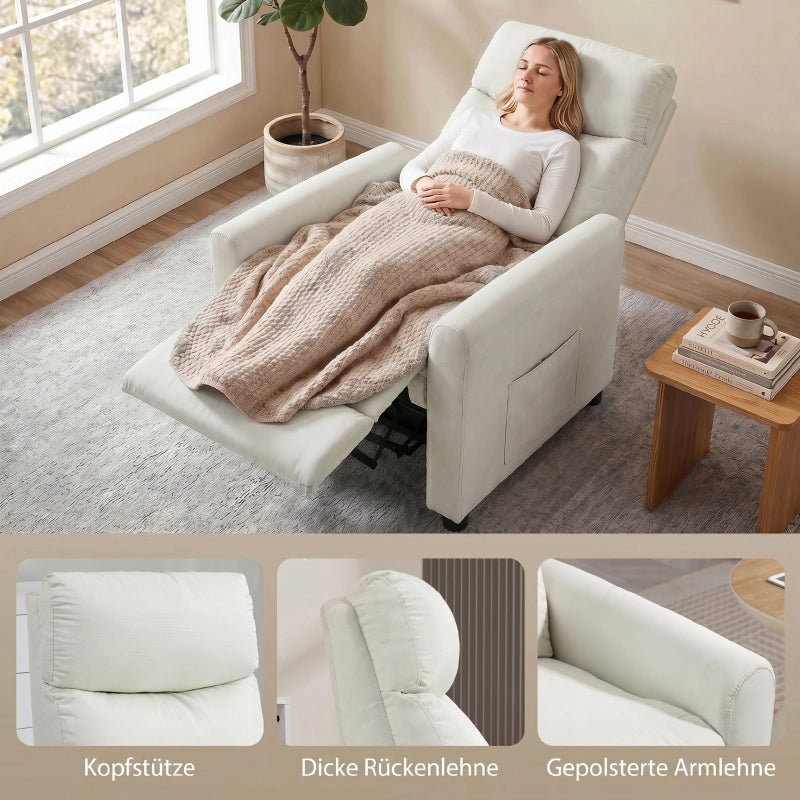 POLTRONA RECLINABILE 73x86x100 cm in poliestere bianco crema con tasche laterali