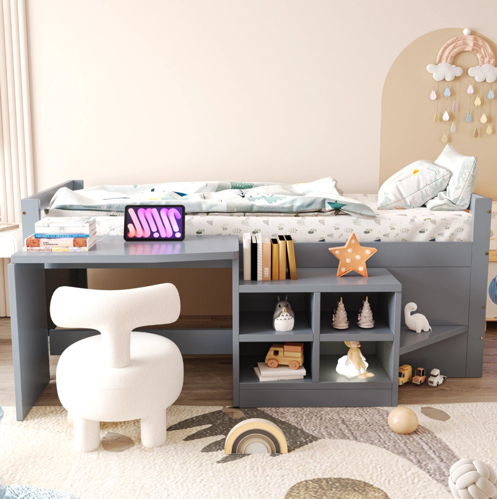 Letto multifunzionale 90x200 cm con scrivania; vani contenitore e prese USB; grigio