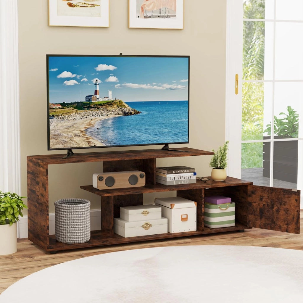 Mobile Porta TV, per TV Fino a 55'', Console Media a 3 Ripiani Asimmetrici con Ripiani di Stoccaggio e Armadietto, Mobile TV con Cassetto, 5 Gambe di Supporto (Industriale)