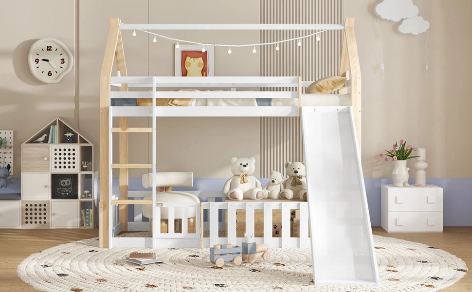 Letto a castello con scivolo e spazio gioco, 90x200 cm, bianco/naturale