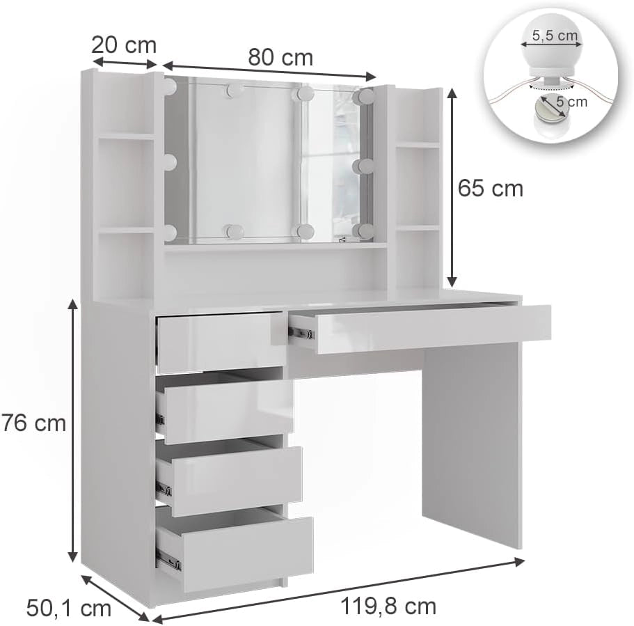 Tavolo da toeletta Sherry, Bianco/bianco lucido, 119.8 cm 5 parti, con illuminazione LED e grande specchio integrato