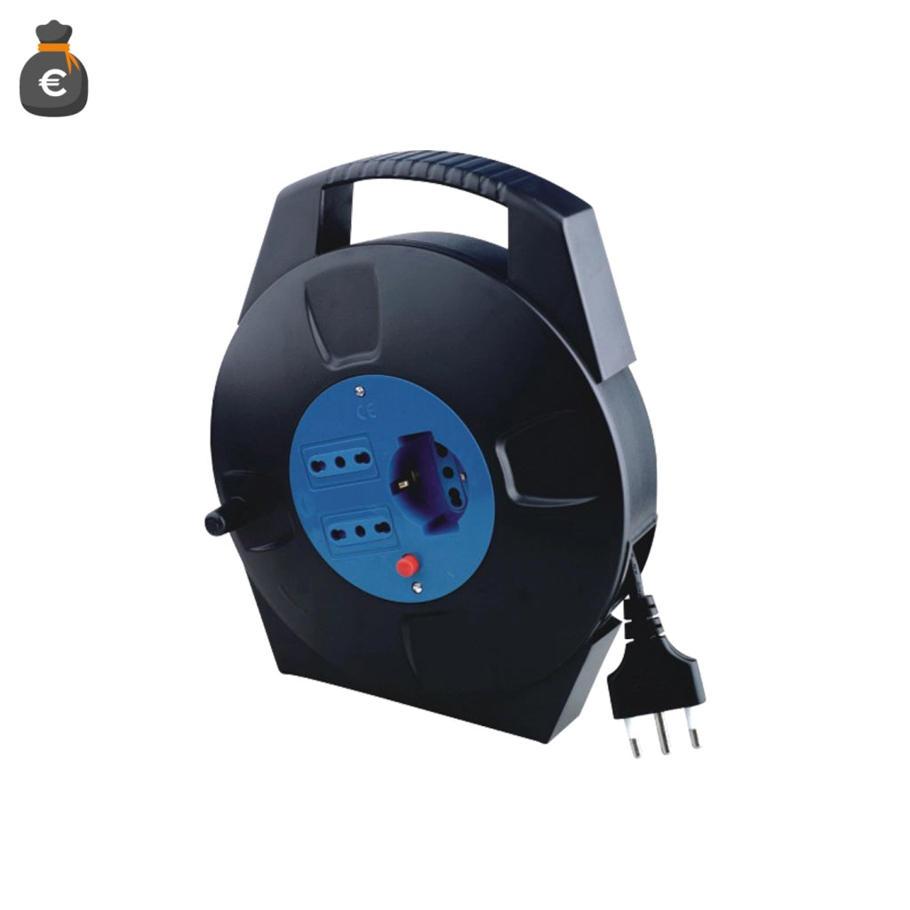 Alcapower Prolunga Avvolgicavo 8 metri con 1 Presa Schuko Bipasso, 2 Prese 10/16A Italia e Spina 16A, Potenza Massima fino a 2200W di Picco