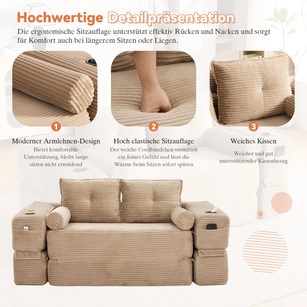 Divano letto modulare in tessuto corduroy con cuscini memory, tasche laterali e portabicchieri, khaki