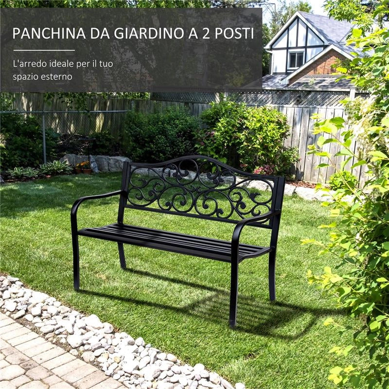 PANCHINA DA GIARDINO 2 POSTI CON SCHIENALE DECORATO IN GHISA E METALLO 127X60X89 CM NERO