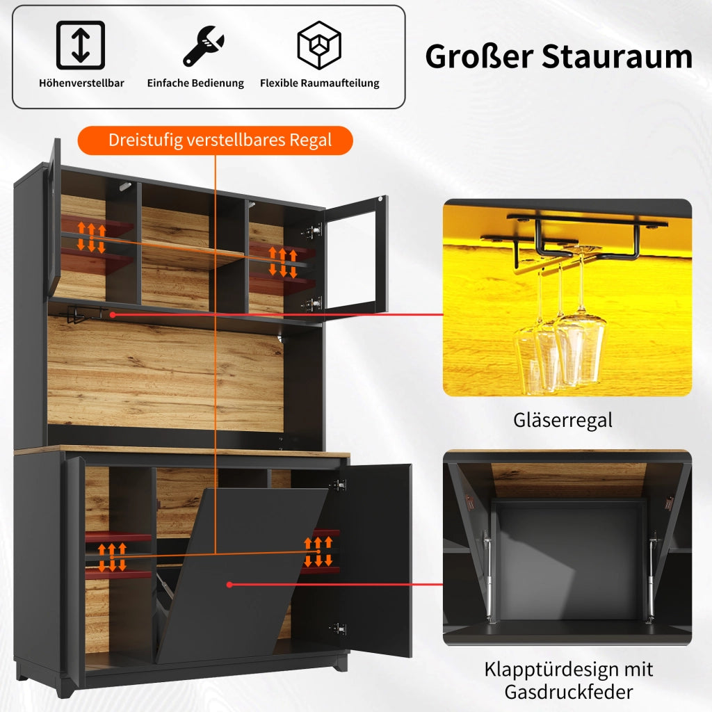CREDENZA da Cucina 120x40x180 cm con LED e Ante in Acrilico Nera MDF Metallo