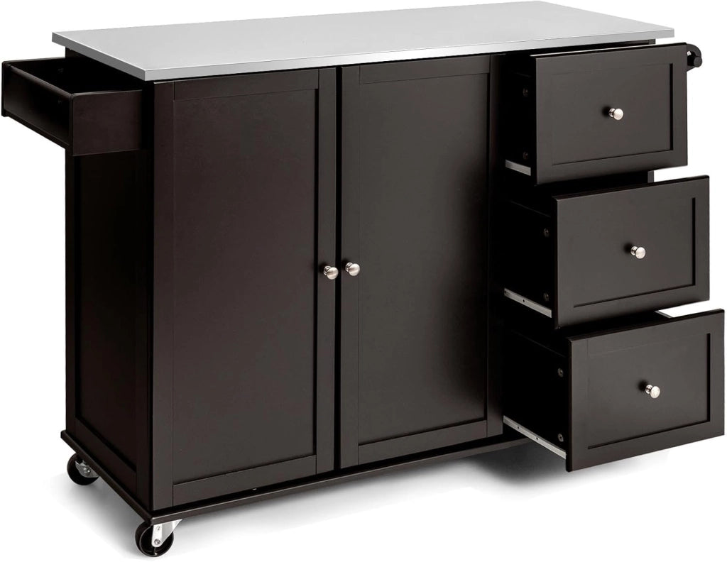 Isola da cucina mobile con piano di lavoro in acciaio inox, carrello da cucina con 3 cassetti e portasciugamani e ripiano regolabile, armadio da cucina su ruote, trolley da cucina 135 x 45,5