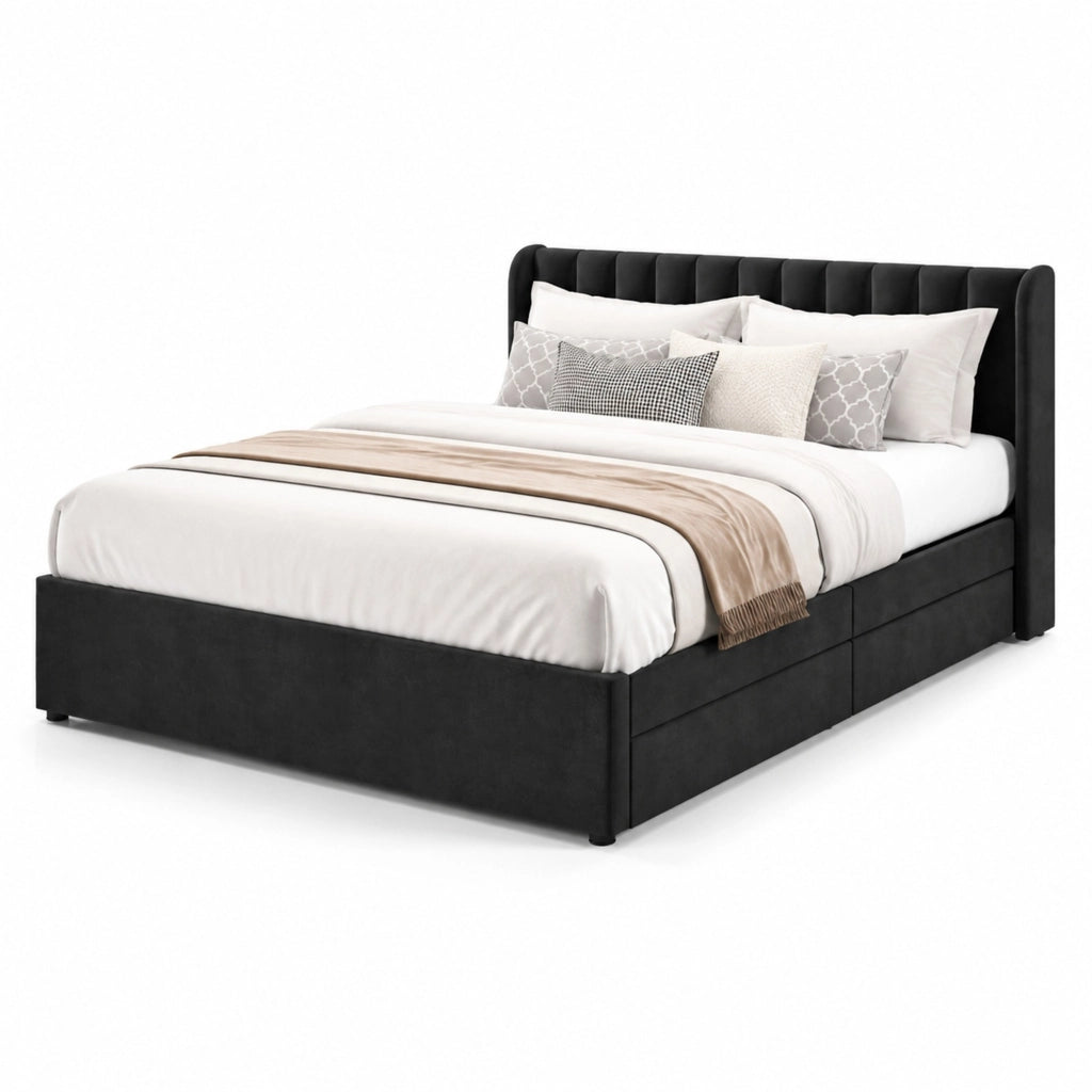 Letto matrimoniale in velluto nero 180 x 200 cm con cassetti
