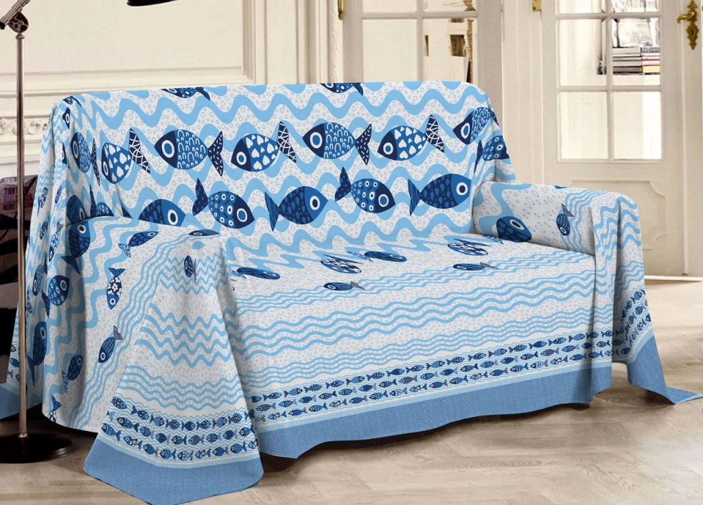 Telo Arredo Multiuso Linea Pensieri Delicati In Cotone Disegno Pesciolini - Matrimoniale - Blu