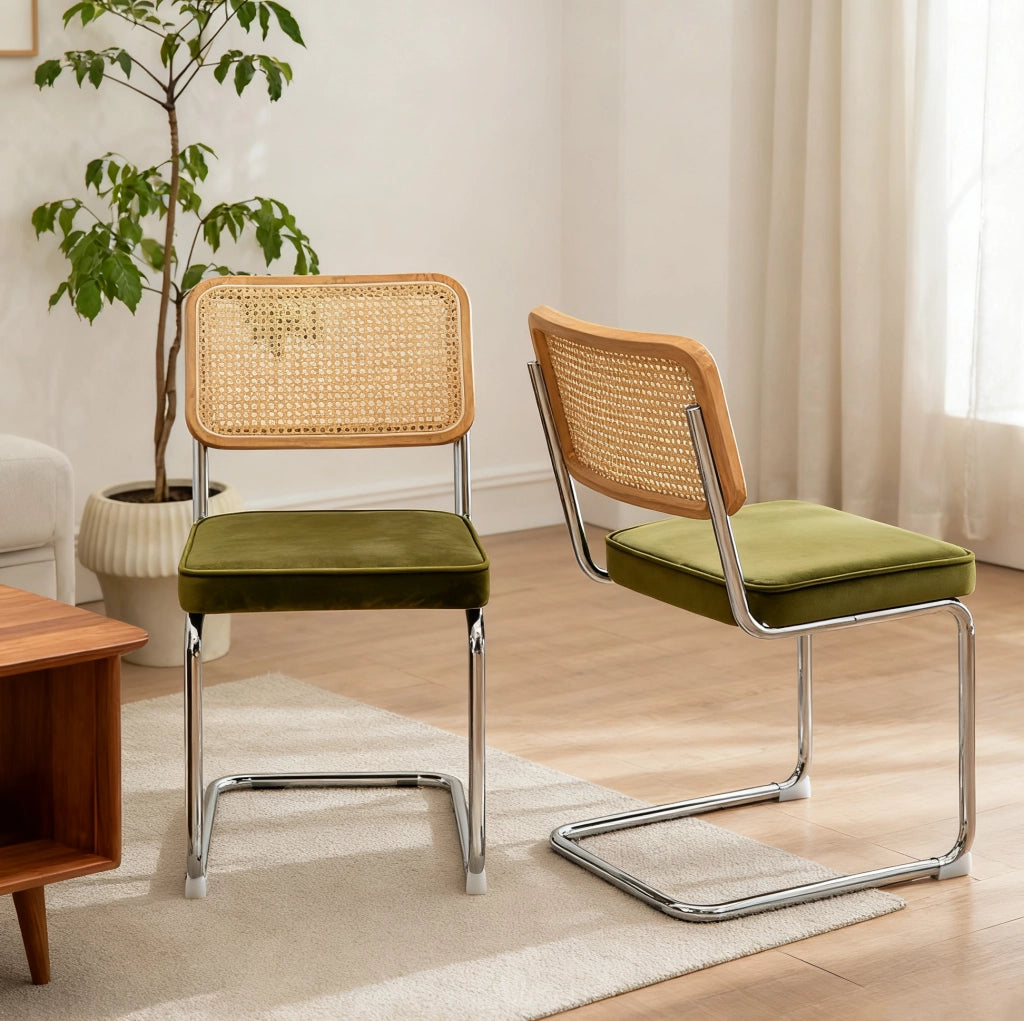 Sedia da pranzo 58.0x45.0x33.0 cm impilabile con schienale in rattan; cromo; tessuto e rattan verde
