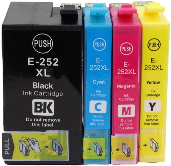 Pacchetto di 4 inchiostri compatibili per stampanti EPSON 252XL, inclusi per modelli WF7610, WF7620 e WF7710, con capacità di 188 e 252 ml.