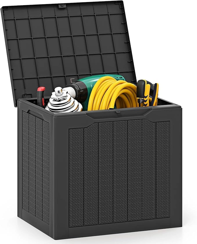 Baule da Esterno 96 L, Cassapanca Contenitore con Coperchio Bloccabile e Tessitura in Vimini, per Giardino e Cortile, 56 x 41 x 50,5 cm (Nero)